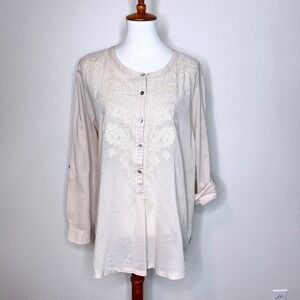 POETRY Embroidered 100% Cotton Tunic Top 16 Long Roll Tab Sleeve Beige Ltwt